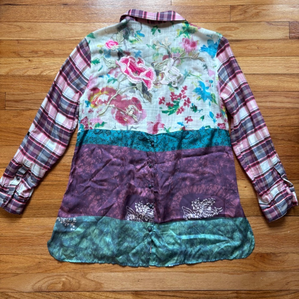 John Mark Womens Pink Plaid Floral Embroidered Mixed Media Button Down Shirt S